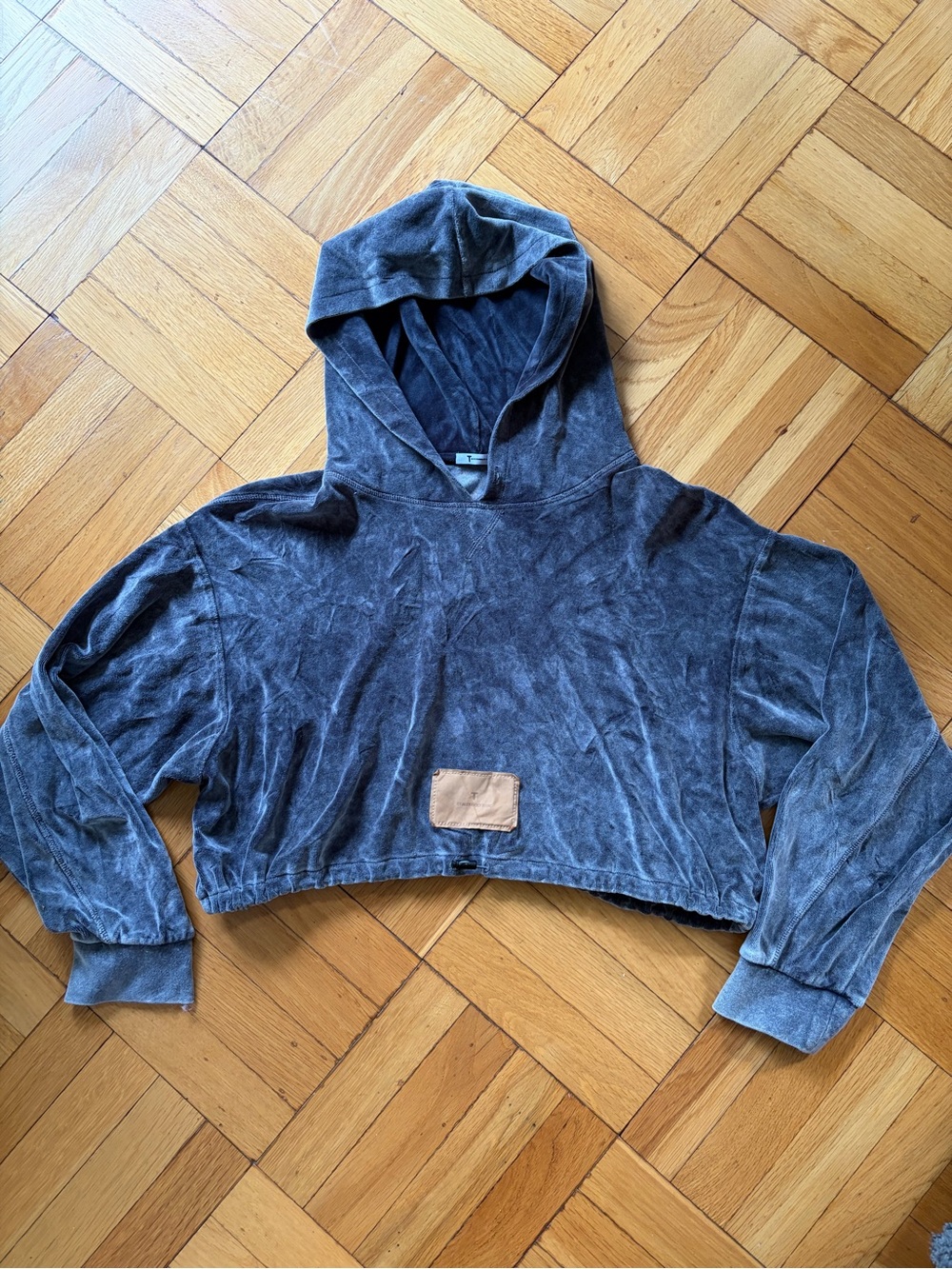 T by Alexander Wang Cropped Velour Gray Hoodie. Cinched Bottom. Oversized. Cozy
